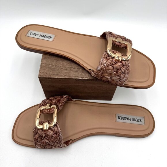 Steve Madden Women's Tan and Brown Sandals raffia fabric woven gold tone large b - Picture 4 of 13